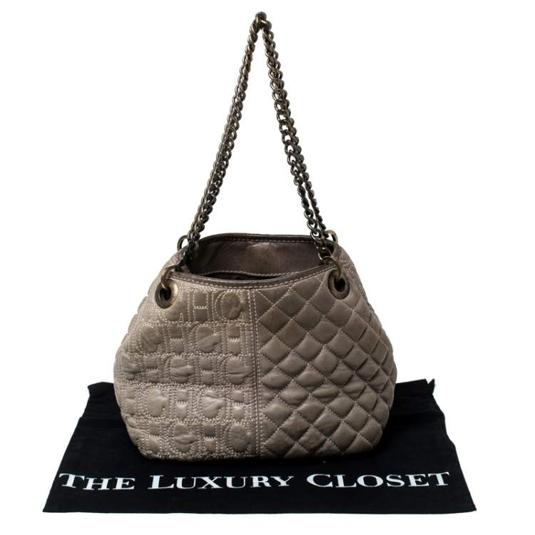Pre Owned Carolina Herrera Olive Green Monogram Leather Chain Tote