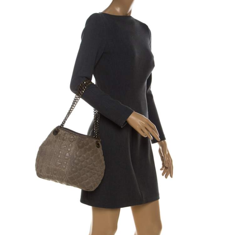 Pre Owned Carolina Herrera Olive Green Monogram Leather Chain Tote