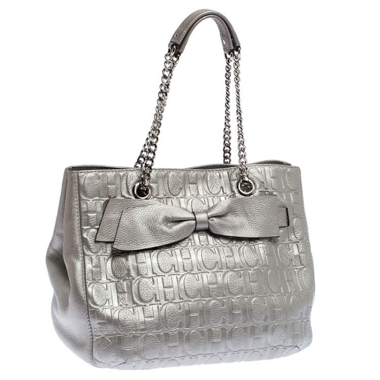 Pre Owned Carolina Herrera Silver Monogram Leather Audrey Tote 