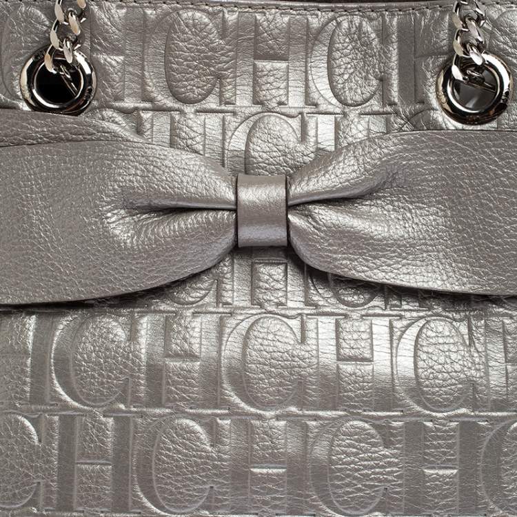 Pre Owned Carolina Herrera Silver Monogram Leather Audrey Tote 