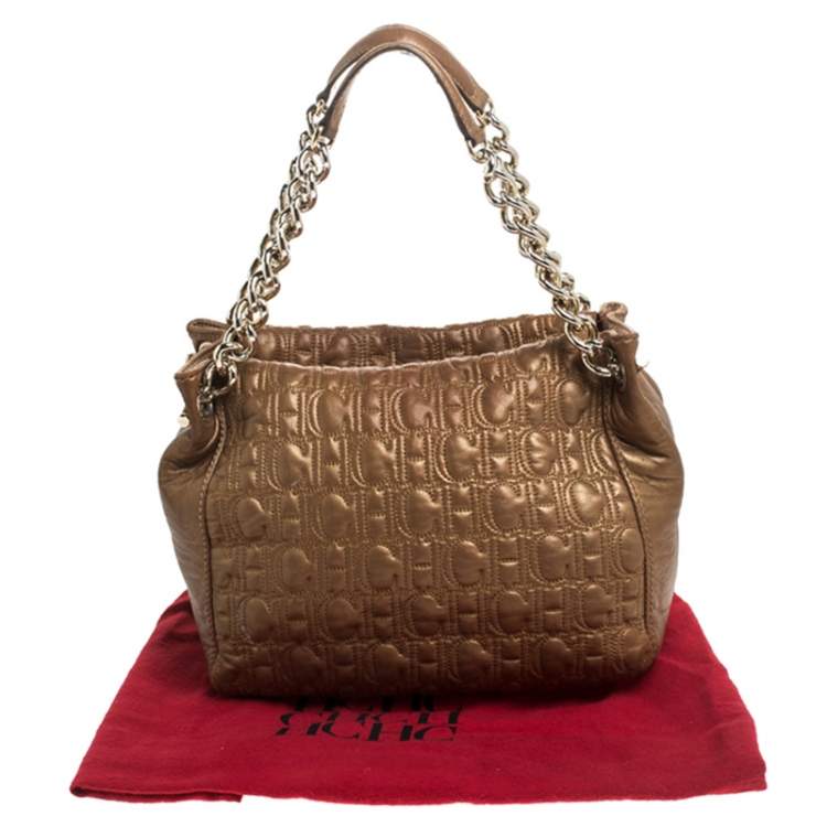 Pre Owned Carolina Herrera Metallic Brown Monogram Leather Tote