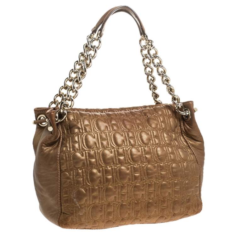 Pre Owned Carolina Herrera Metallic Brown Monogram Leather Tote