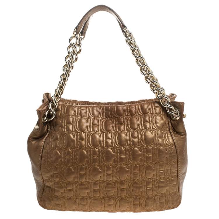 Pre Owned Carolina Herrera Metallic Brown Monogram Leather Tote