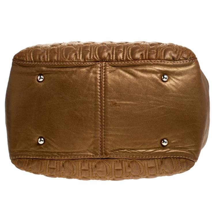 Pre Owned Carolina Herrera Metallic Brown Monogram Leather Tote