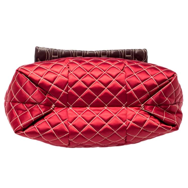 Pre Owned Carolina Herrera Red/Brown Quilted Satin and Leather Logo Pocket Shoulder Bag
