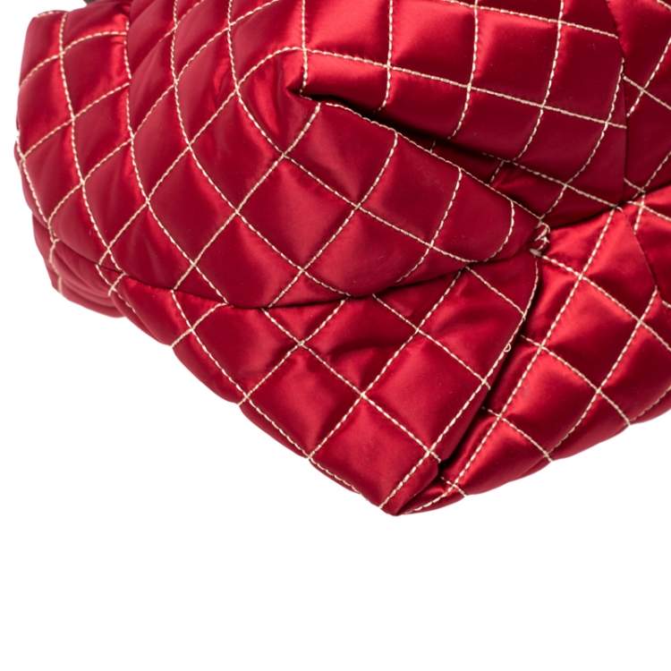 Pre Owned Carolina Herrera Red/Brown Quilted Satin and Leather Logo Pocket Shoulder Bag