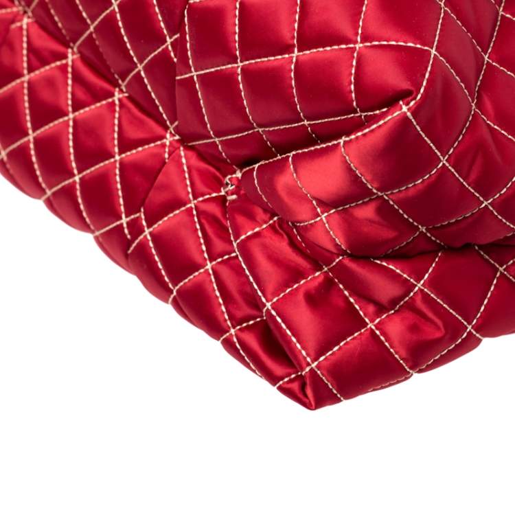 Pre Owned Carolina Herrera Red/Brown Quilted Satin and Leather Logo Pocket Shoulder Bag