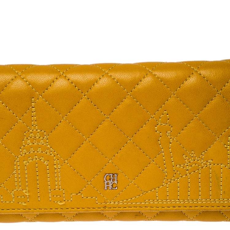 Pre Owned Carolina Herrera Mustard Quilted Leather Flap Wallet