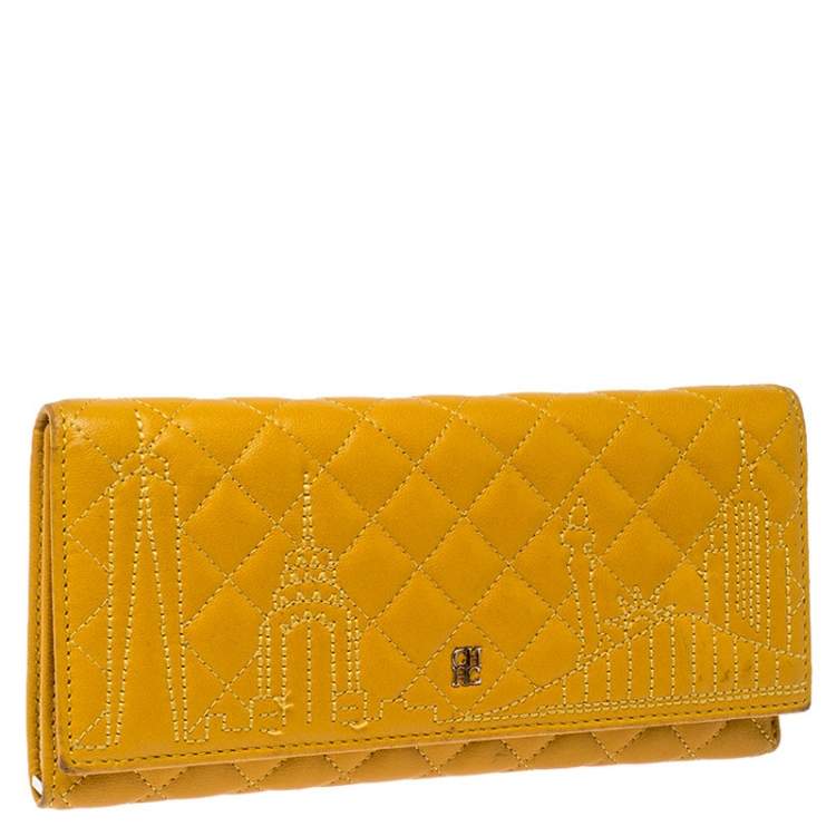 Pre Owned Carolina Herrera Mustard Quilted Leather Flap Wallet