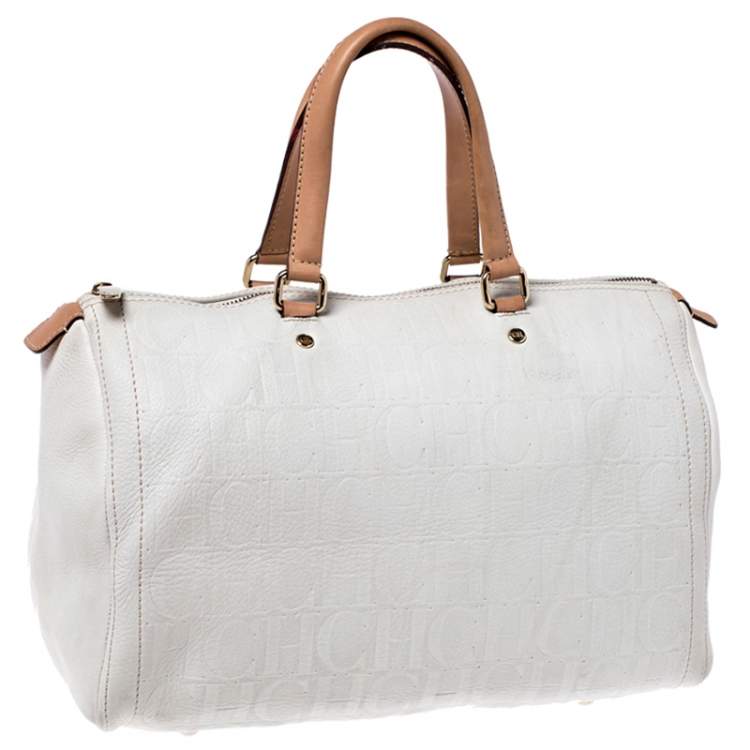 Pre Owned Carolina Herrera Cream/Tan Monogram Leather Large Andy Boston Bag
