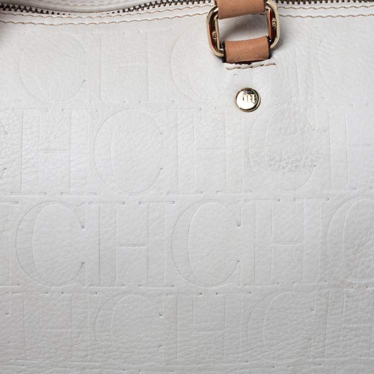 Pre Owned Carolina Herrera Cream/Tan Monogram Leather Large Andy Boston Bag