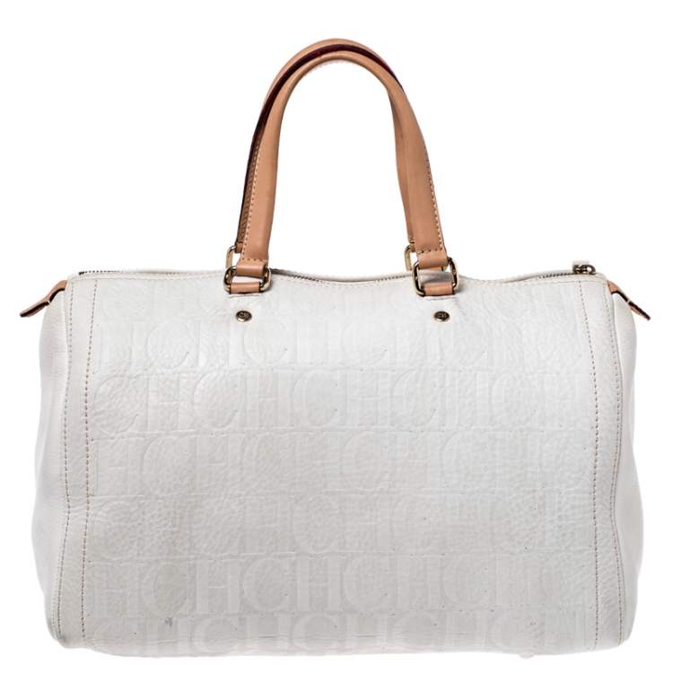 Pre Owned Carolina Herrera Cream/Tan Monogram Leather Large Andy Boston Bag