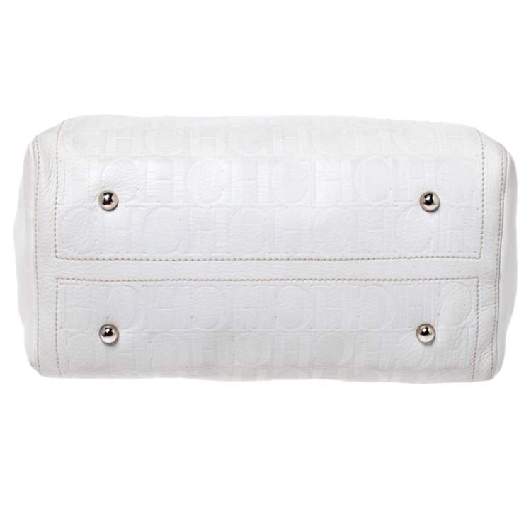 Pre Owned Carolina Herrera Cream/Tan Monogram Leather Large Andy Boston Bag