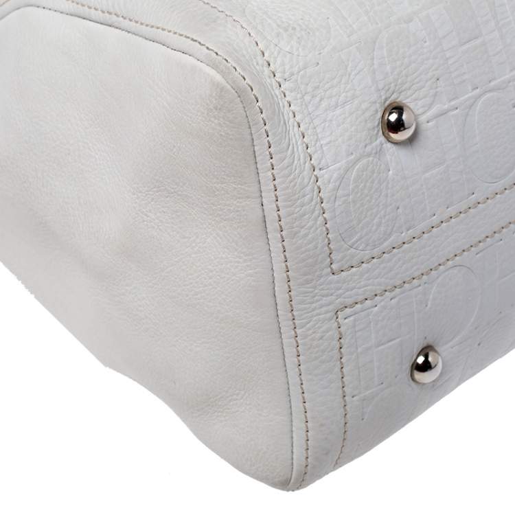Pre Owned Carolina Herrera Cream/Tan Monogram Leather Large Andy Boston Bag