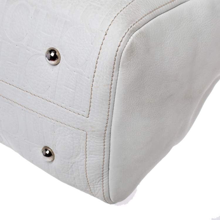 Pre Owned Carolina Herrera Cream/Tan Monogram Leather Large Andy Boston Bag