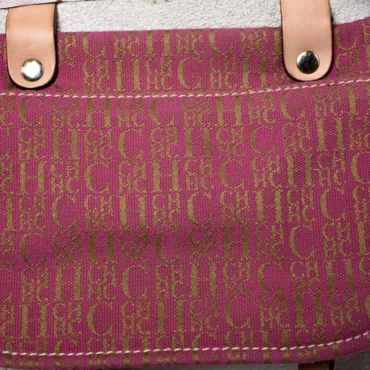 Pre Owned Carolina Herrera Cream/Tan Monogram Leather Large Andy Boston Bag