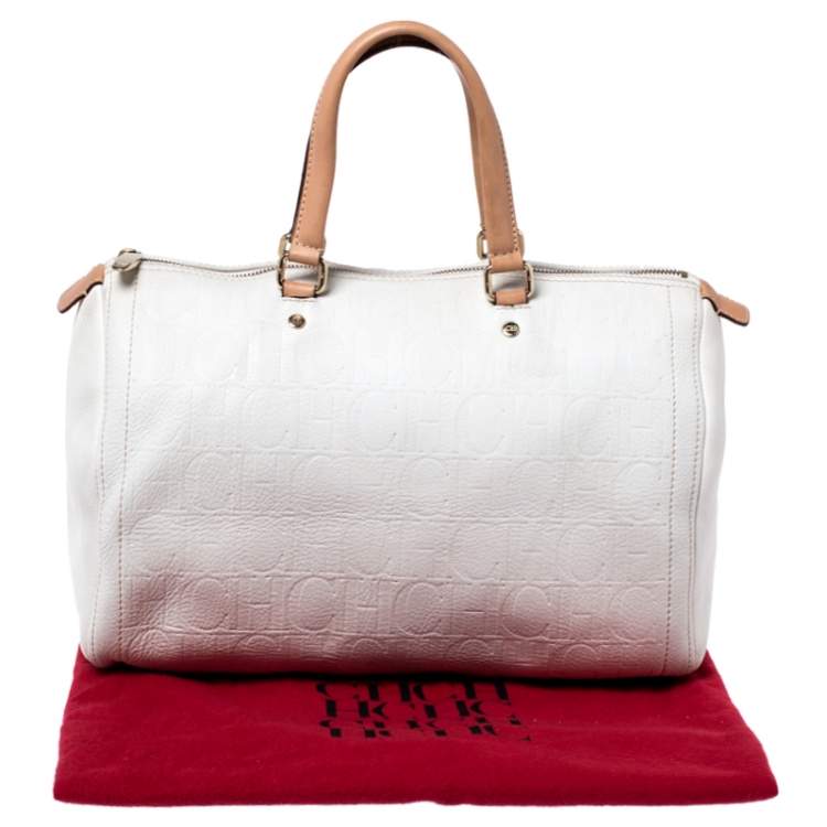 Pre Owned Carolina Herrera Cream/Tan Monogram Leather Large Andy Boston Bag