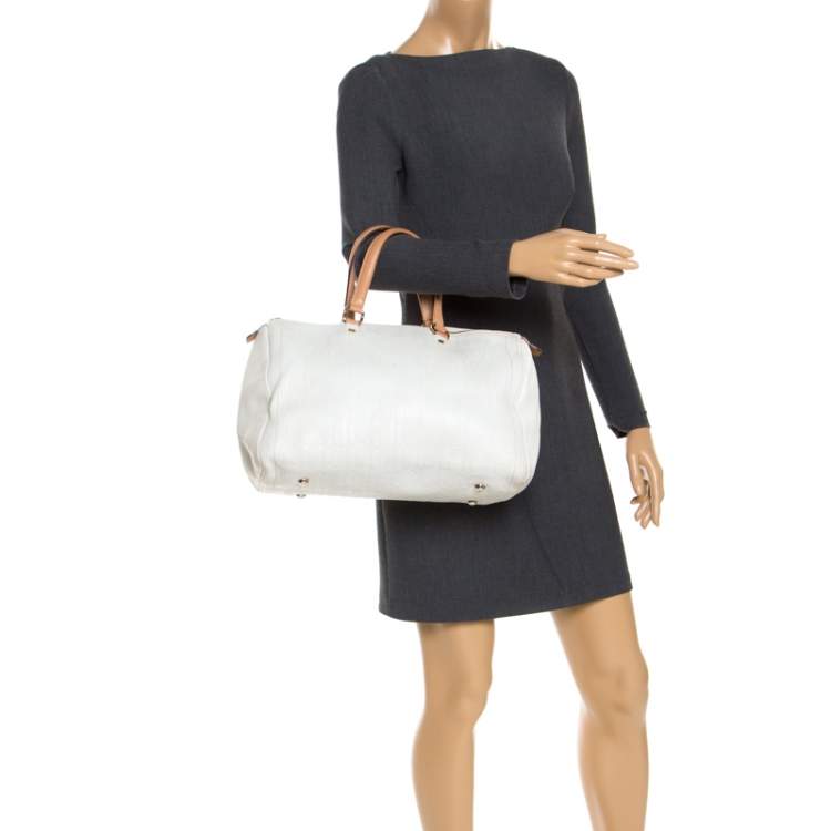 Pre Owned Carolina Herrera Cream/Tan Monogram Leather Large Andy Boston Bag