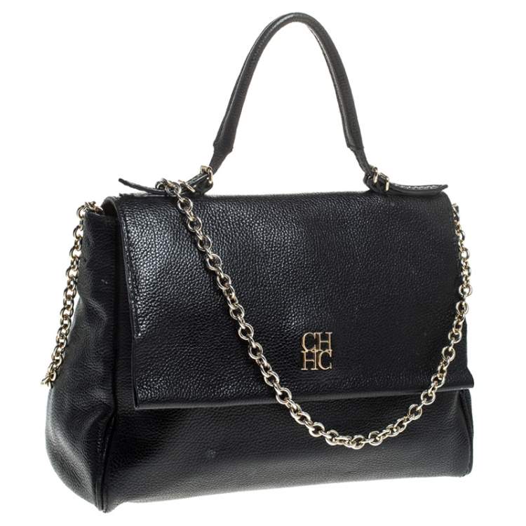 Pre Owned Carolina Herrera Black Leather Minuetto Flap Top Handle Bag