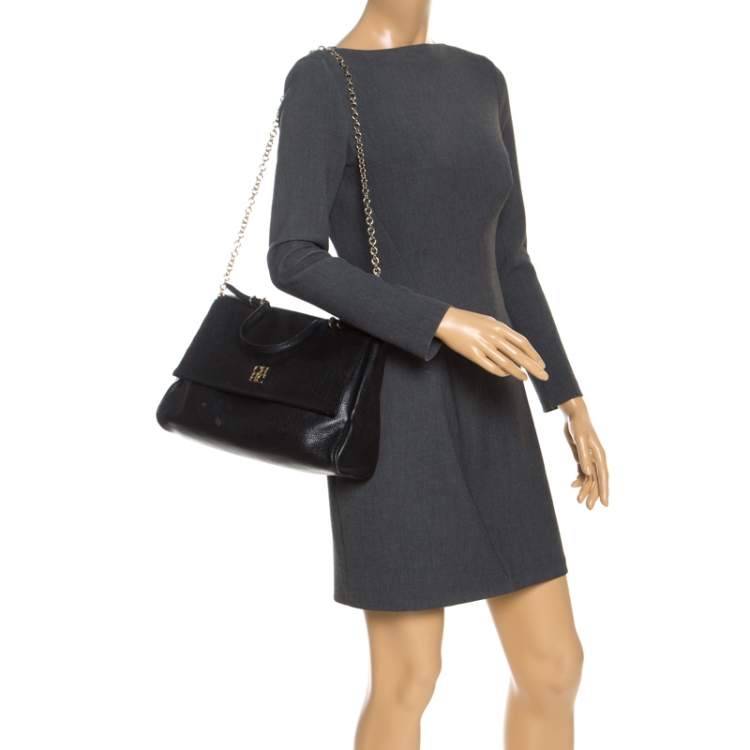 Pre Owned Carolina Herrera Black Leather Minuetto Flap Top Handle Bag