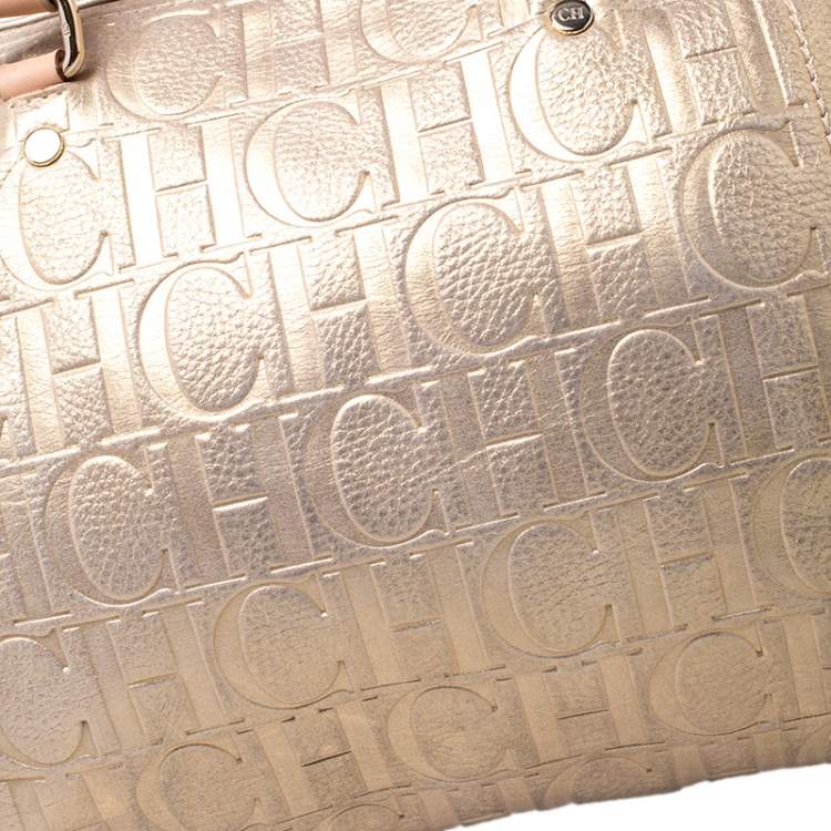 Pre Owned Carolina Herrera Gold Metallic Monogram Leather Andy Boston Bag