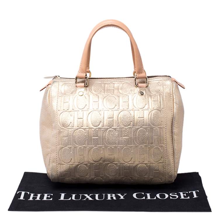 Pre Owned Carolina Herrera Gold Metallic Monogram Leather Andy Boston Bag