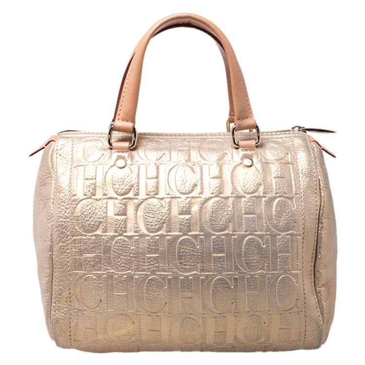 Pre Owned Carolina Herrera Gold Metallic Monogram Leather Andy Boston Bag