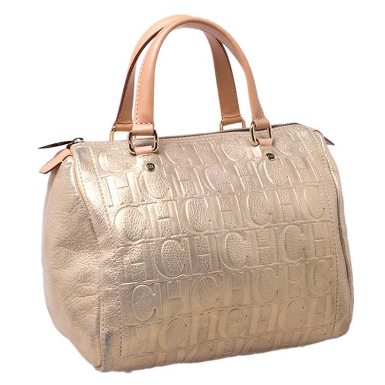 Pre Owned Carolina Herrera Gold Metallic Monogram Leather Andy Boston Bag