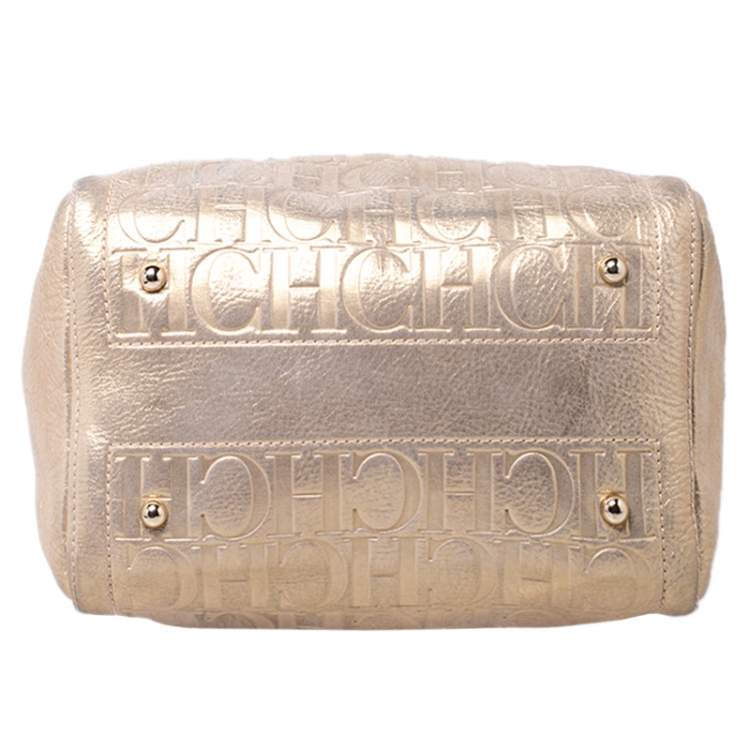 Pre Owned Carolina Herrera Gold Metallic Monogram Leather Andy Boston Bag