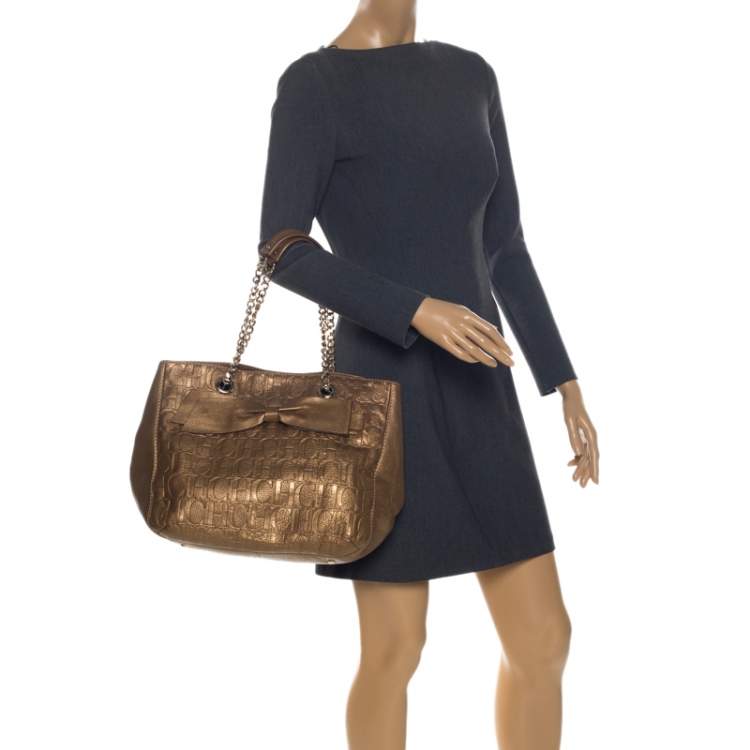 Pre Owned Carolina Herrera Gold Monogram Leather Audrey Tote