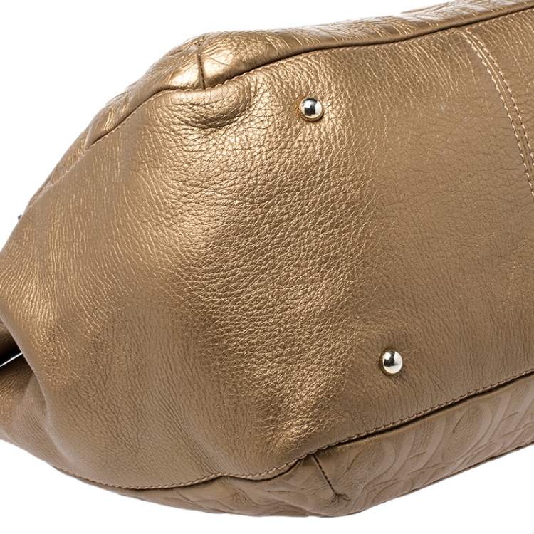 Pre Owned Carolina Herrera Gold Monogram Leather Audrey Tote