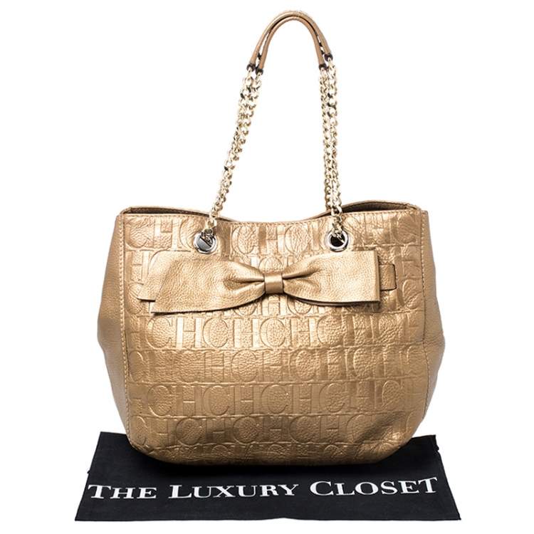 Pre Owned Carolina Herrera Gold Monogram Leather Audrey Tote