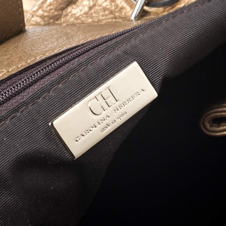 Pre Owned Carolina Herrera Gold Monogram Leather Audrey Tote