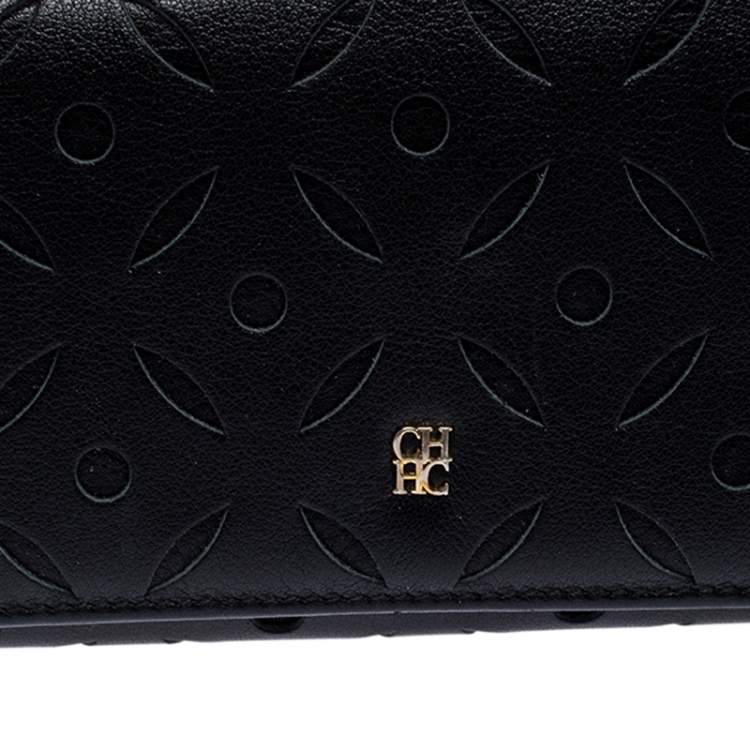 Pre Owned Carolina Herrera Black Lasercut Leather Flap Continental Wallet