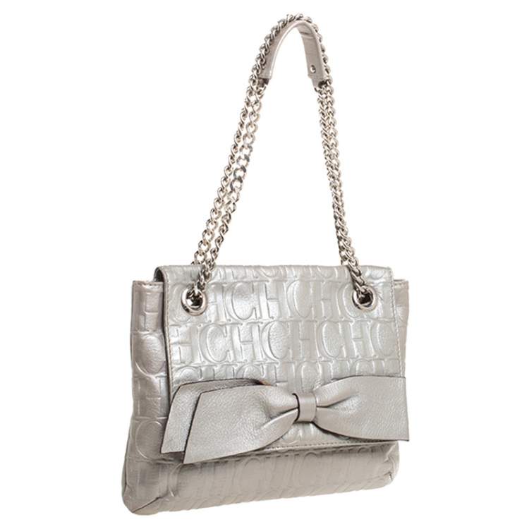 Pre Owned Carolina Herrera Silver Monogram Leather Audrey Shoulder Bag