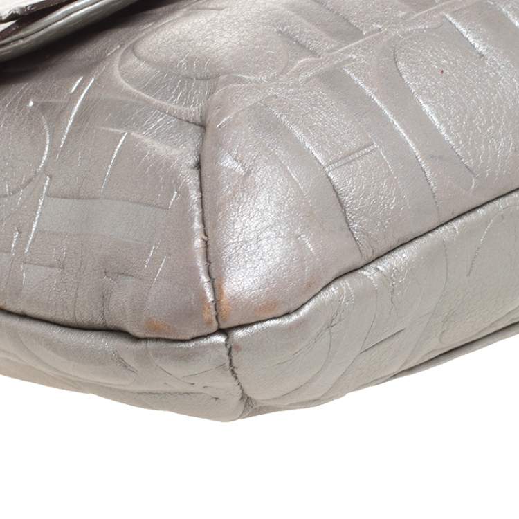 Pre Owned Carolina Herrera Silver Monogram Leather Audrey Shoulder Bag