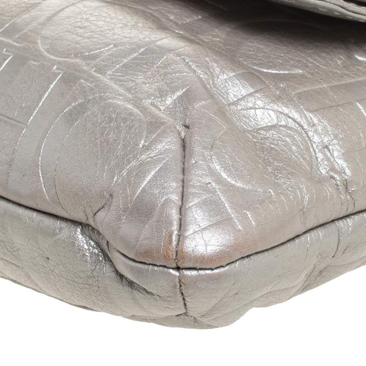 Pre Owned Carolina Herrera Silver Monogram Leather Audrey Shoulder Bag