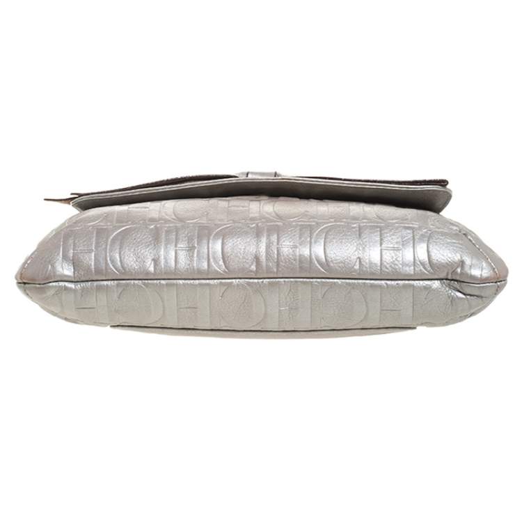 Pre Owned Carolina Herrera Silver Monogram Leather Audrey Shoulder Bag