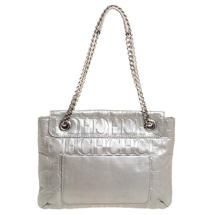 Pre Owned Carolina Herrera Silver Monogram Leather Audrey Shoulder Bag