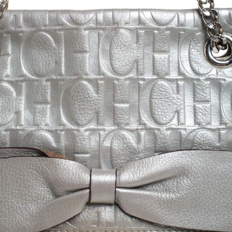Pre Owned Carolina Herrera Silver Monogram Leather Audrey Shoulder Bag