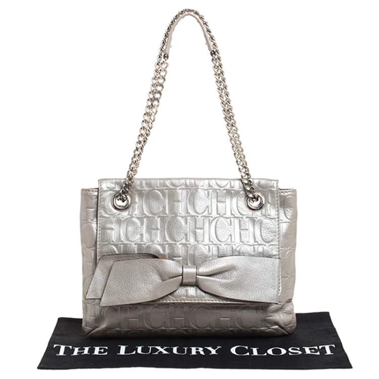Pre Owned Carolina Herrera Silver Monogram Leather Audrey Shoulder Bag