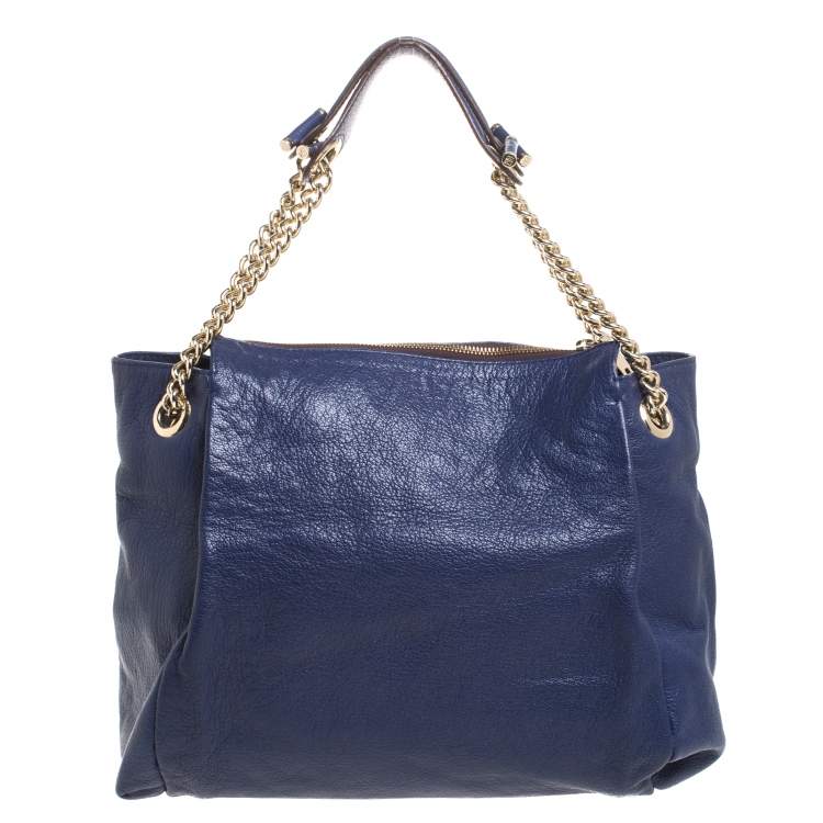Pre Owned Carolina Herrera Blue Leather Crystal Embellished Lock and Logo Chain Bag