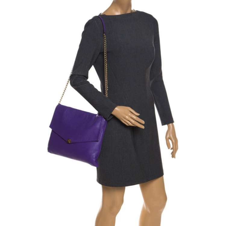 Pre Owned Carolina Herrera Purple Leather Flap Shoulder Bag