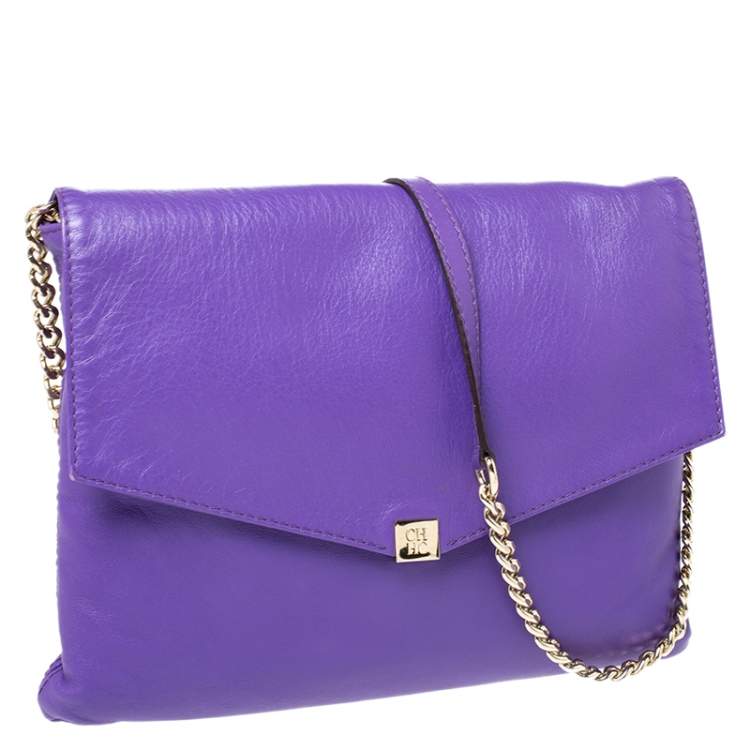 Pre Owned Carolina Herrera Purple Leather Flap Shoulder Bag