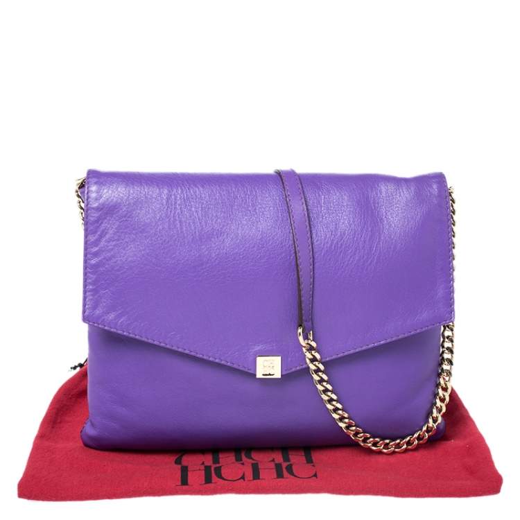 Pre Owned Carolina Herrera Purple Leather Flap Shoulder Bag