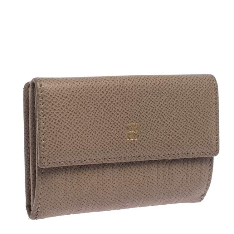 Pre Owned Carolina Herrera Beige Monogram Embossed Leather French Flap Wallet
