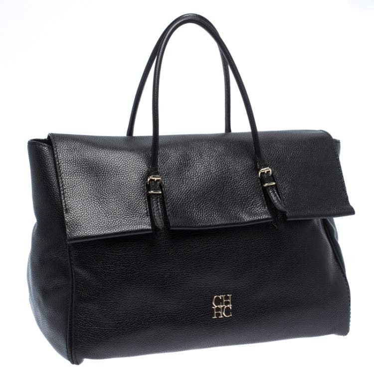 Pre Owned Carolina Herrera Black Leather Tempo Collection Adagio Tote