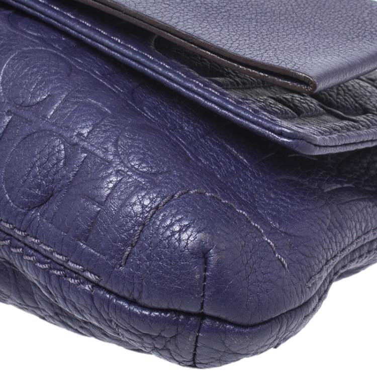 Pre Owned Carolina Herrera Purple Monogram Embossed Leather Bow Shoulder Bag