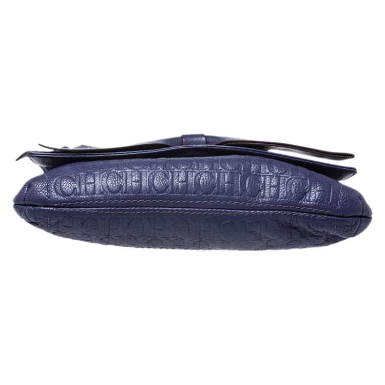 Pre Owned Carolina Herrera Purple Monogram Embossed Leather Bow Shoulder Bag
