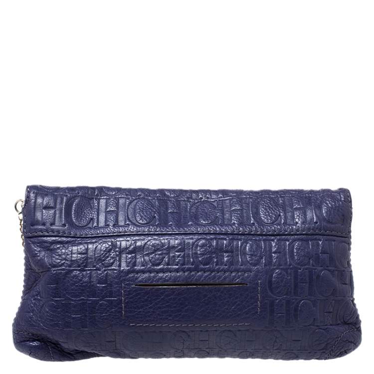 Pre Owned Carolina Herrera Purple Monogram Embossed Leather Bow Shoulder Bag